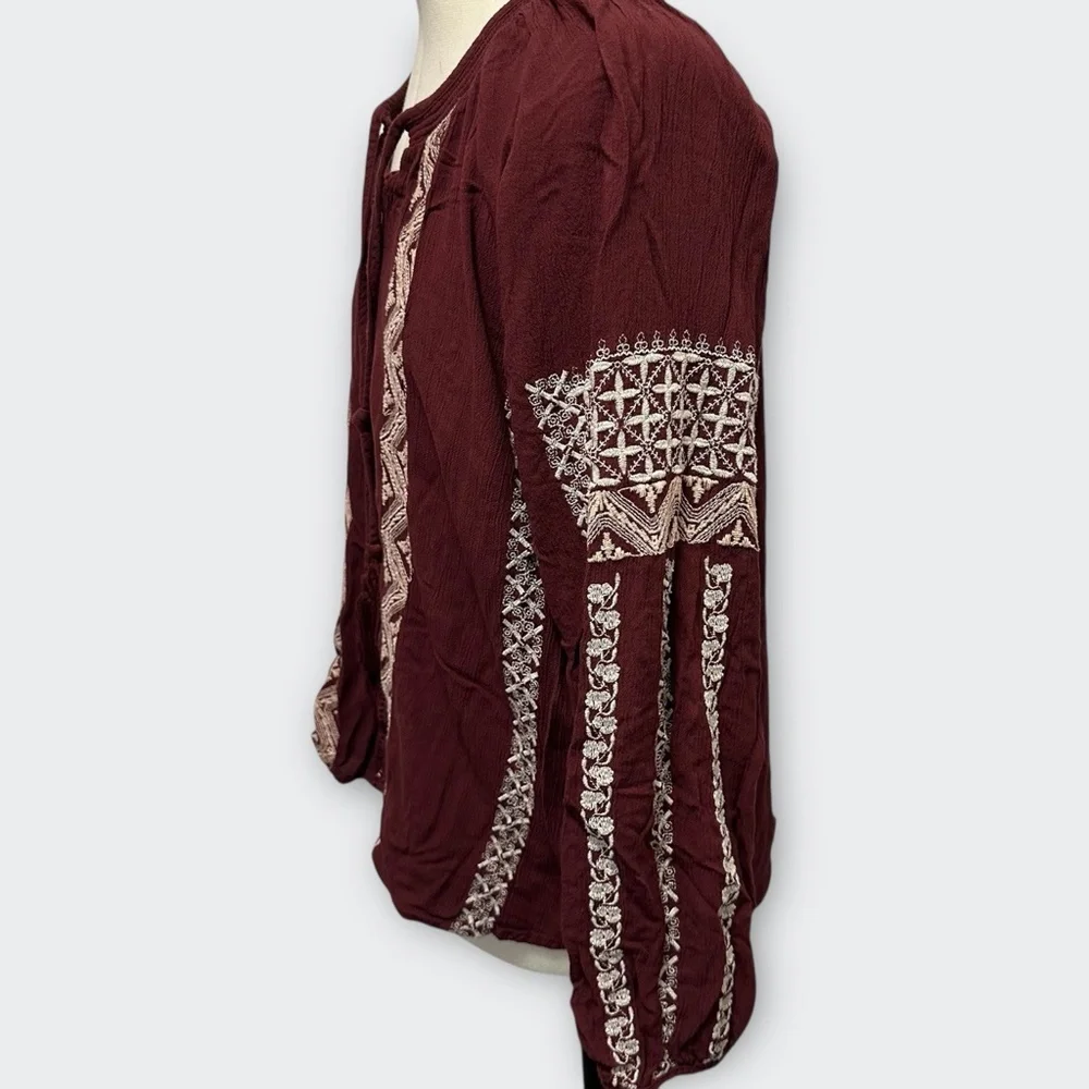 AMERICAN EAGLE Burgundy Peasant Blouse M Boho Top Cottagecore Festival Casual - Picture 6 of 11